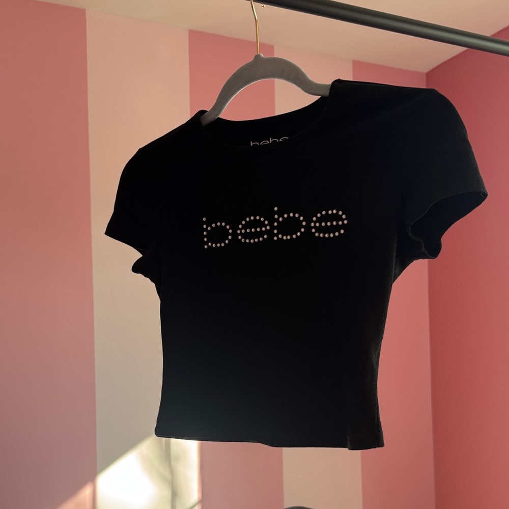bebe Black Crystal Logo Cropped Tee